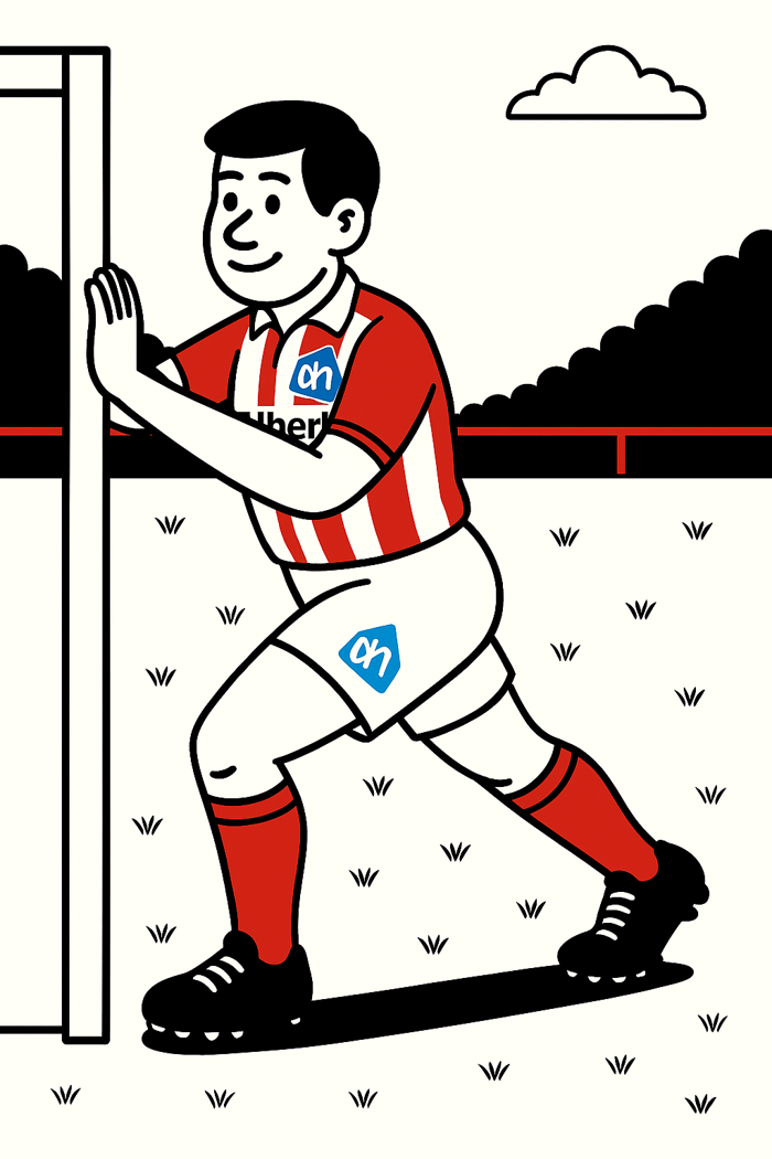 Jeugdvoetballer rekt de kuitspieren tegen een muur